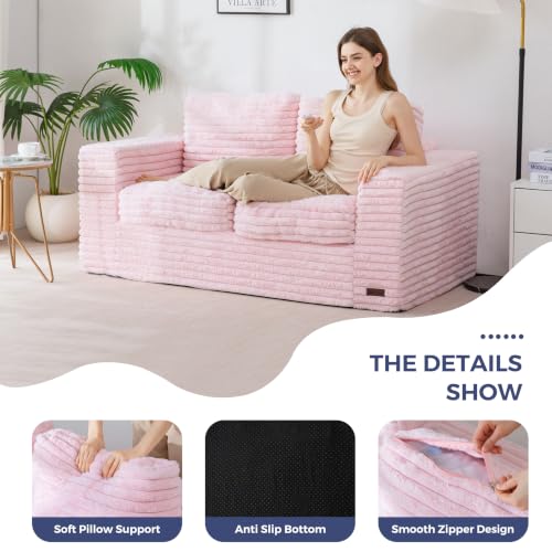 Image of MAXYOYO Loveseat Sofa Couch, Upholstered Bean Bag Chair Cloud Seat for Adults, Boneless Couch with Cushion & Pillows, Sofa in A Box, No Assembly Required, Faux Fur Pink