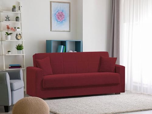 Dmora - Divano Letto 3 posti Pinto, Divano Letto Contenitore lineare, Sofà da Soggiorno in Tessuto Imbottito con Apertura Click-clack, 212x80h87 cm, Rosso