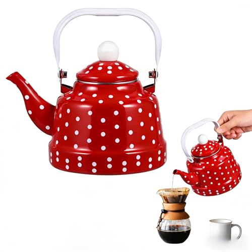 Healeved Teapot with Stainless Steel Infuser, Enamel Tea Kettle with Filter - Red White Dots Stovetop Water Kettle for Kitchen Boiling Tea Pot Cast Iron Stovetopfor Safe for 33.5 Ounce (1700mL), Red