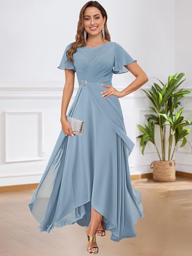 Scoop Neck Chiffon Mother of The Bride Dress with Pleated Beads A-line Tea Length of The Groom Dresses for Wedding2