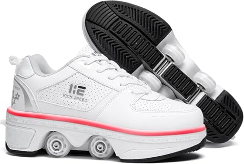 Image of Bequest Roller Skates for Women Outdoor,Shoes with Wheels for Girls /Boys,Kick Rollers Shoes Retractable Adults /Kids,Quad Roller Skates Men,Unisex Skating Shoes Recreation Sneakers, White (34 Euro)