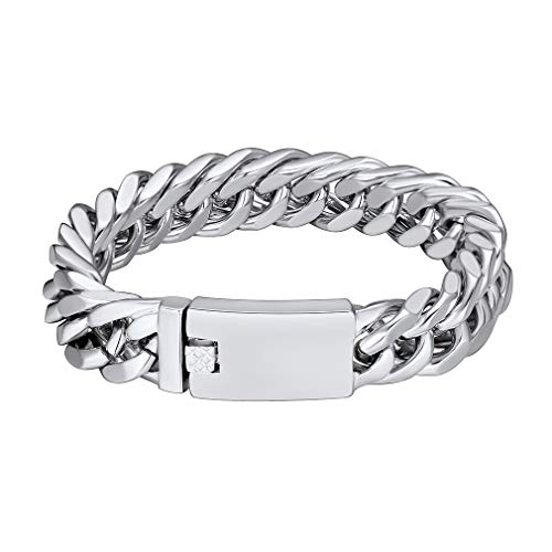 Gourmette Homme Acier Inoxydable,Gros Bracelet Chaine Maille Cubain 21cm,Bijoux Cadeau Anniversaire pour Hommes et Garçons