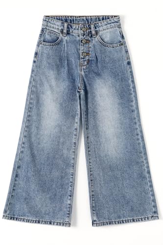 KIDSCOOL SPACE Girls' Wide-Leg Jeans,3 Buttons Front Elastic Band Inside Palazzo Denim Pants