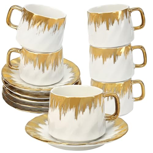Hebaogugu Coffee Cup Set of 6 with Saucers, 3.5 OZ Ceramic Espresso Cups Set, Gold Trim Turkish Coffee Cup Gift for Cappuccino, Latte, Cafe Mocha and Tea, Dishwasher & Microwave Safe