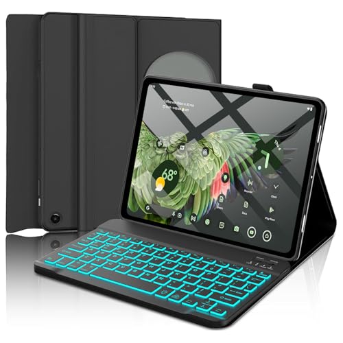 Pixel Tablet Keyboard Case 11” 2023/2024, 7 Color Backlight Detachable Bluetooth Keyboard Cover with Stylus Pen Holder, Google Pixel Tablet Case with Stand Support Charging Speaker Dock Black