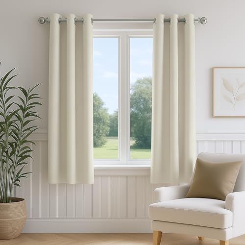 Image of FMFUNCTEX 100% Blackout Curtains for Bedroom, Beige Curtains 63 Inches Long Textured Thermal Insulated Curtains for Living Room Drapes, Black Out Drapery Grommet Room Darkening 2 Panels,40 inch W x 63 inch L