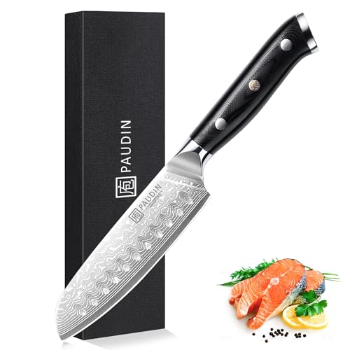 PAUDIN Damastmesser santoku messer 13 CM, Profi Damast Küchenmesser für Küche, Extrem Scharf Kohcmesser und Küchenbeil, Hochwertigem Edelstahl...
