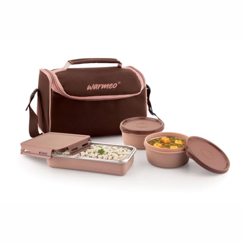 Image of WARMEO Micro Meal Microwave Safe Lunch Box | 1 Rectangular Container 600ml + 2 Round Container 350ml Each | BPA Free I Stylish Durable Jacket I Ideal for Office,School,Outdoor, Picnic,Brown