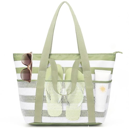 beifon Strandtasche XXL Familie mit Reißverschluss Strandtasche Damen Große Wasserdicht Faltbar Mesh Badetasche Beach Tote Bag Strand Tasche Shopper für Strand Reisen Urlaub (Grün L)