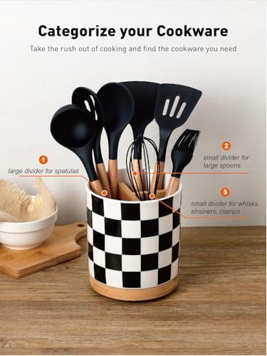Image of LoeJan 3 Compartment Utensil Holder, Extra Large Utensil Crock, Stable Ceramic Utensil Organizer, Cooking Tool Organizer Set for Kitchen Counter Farmhouse Decor (G-Black(Square))