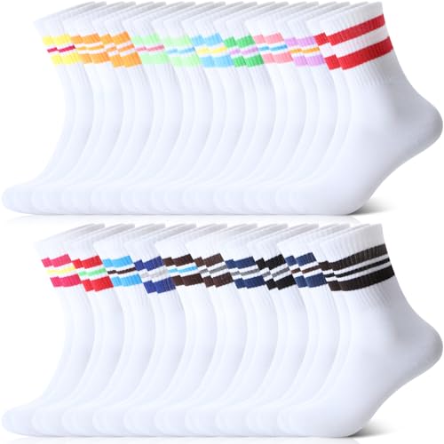 Newcotte 20 Pairs Colorful Striped Crew Socks Retro Cotton Striped Tube Athletic Cushion Socks for Women Men Sports Running
