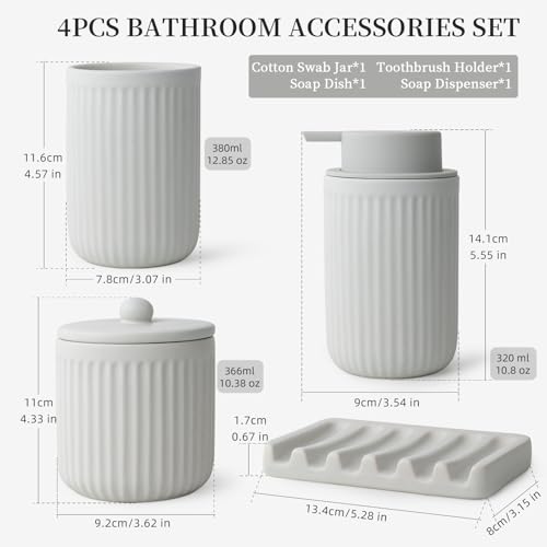 Image of BosilunLife Light Grey Ceramic Bathroom Accessories Set of 4 | Bathroom Decor Sets Accessories Bathroom Foam Soap Dispenser and Toothbrush Holder Set, Soap Dish, Apothecary Jars.(Foam)
