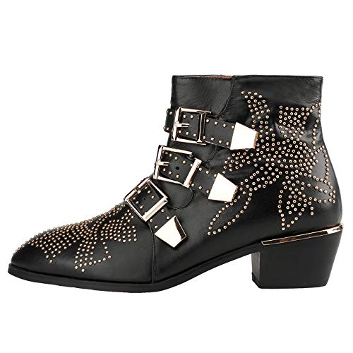 Arqa Women's Studded Ankle Boots Leather Multiple Buckle Chunky Heel Booties Almond Toe Zipper Punk Boot by Arqa - Used condition - US$61.29