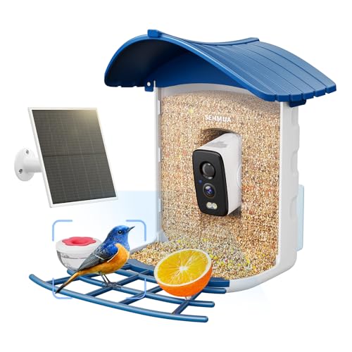 SEHMUA Bird Feeder with Camera-No Subscription Required for AI Identifies Bird Species, 6W Solar Powered Smart Bird Feeder, 2K HD Live Video View, Instant Bird Arrival Alerts for Outdoor Backyard