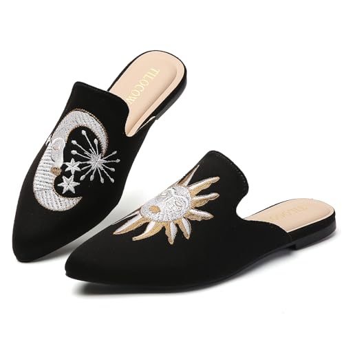 Image of Tilocow Women's Pointed Toe Flat Mules Backless Slip On Loafers