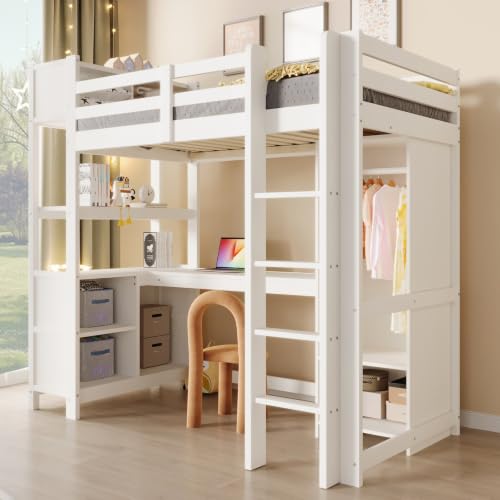 KOMHTOM Cama Alta Multifuncional de Madera (Blanco, 90x200 cm)