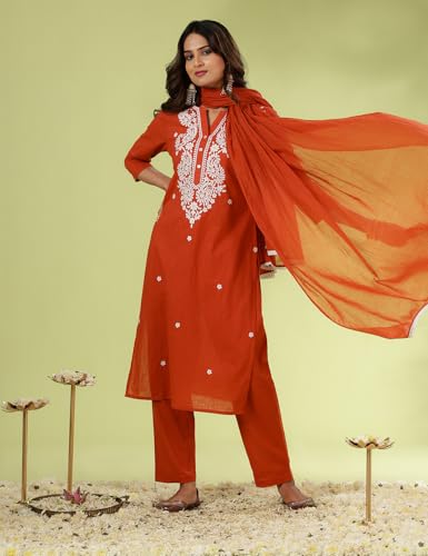 Image of Kaari Chikankari Embroidered Kurta Set for Women- 100% Cotton | Yoke Detailing | Three Piece Kurta Set with Dupatta | Sleeve