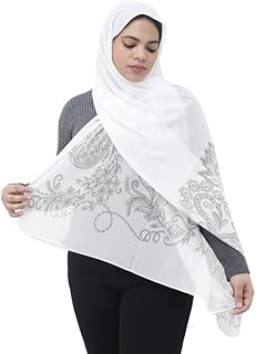 سولي سكارف كريب شيفون مطبوع خفيف الوزن للنساء، شال حجاب مقاس 190 × 70 سم - ابيض وبيج- ra00-13