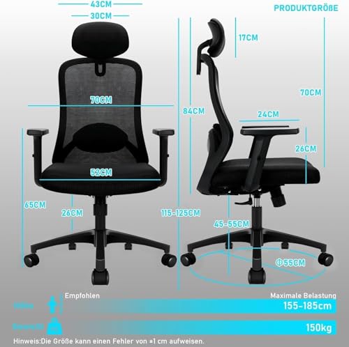 Milacyee Bürostuhl, Ergonomischer Bürostuhl mit Verstellbarer 4D Lendenwirbelstütze, Schreibtischstuhl mit Kopfstütze, Drehstuhl mit 90°-130° Liegefunktion (Abschließbar), Netzstuhl bis 150KG, Schwarz