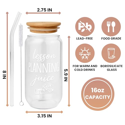 Teacher Appreciation Gifts - Birthday, Valentines, Back To School, Thank You Gifts for Teachers Women - Preschool Daycare Teaching Glass Cup with Lid, Straw & Brush for Women - 16 Oz Can Glass - Image 4