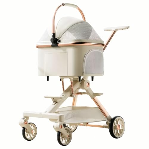 EPPMagice All-Terrain Pet Stroller & Cat Carrier for 1 Medium Dog or 2 Small Pets up to 50 lbs - Built-in Lighting, 6-Stage Shock Absorption and One-Touch Brake on Foldable Frame,Beige