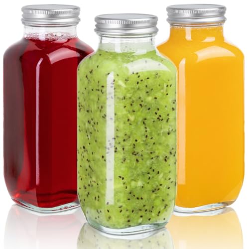 umud Juice Bottles with Lids, 16 Oz - Set of 3 - Clear Glass Jars with Caps - Reusable Empty Drink Containers for Juicing, Smoothies, Water, Milk, Kombucha Storage, Wellness Shots and More (3)