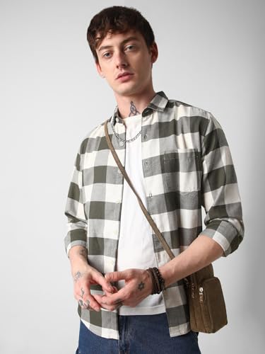 Image of VASTRADO Mens Olive Checked Shirt Cotton, Breathable Fabric | Full Sleeve, Collar Neckline, Short Length | Casual Wear, Timeless Style