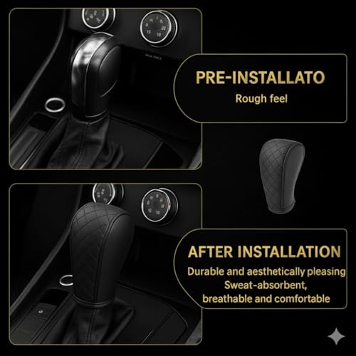 Image of DETACHI Car Gear Knob Cover Premium PU Leather Black Non Slip Waterproof Gear Shift Protector Universal Fit for Cars SUVs Trucks Durable Diamond Design Handbrake Cover Stylish Car Interior Accessory