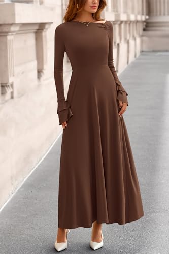 PRETTYGARDEN Womens Dresses Formal Off The Shoulder Long Sleeve Ruched Knit A-Line Maxi Wedding Guest Dress Fall Clothes3