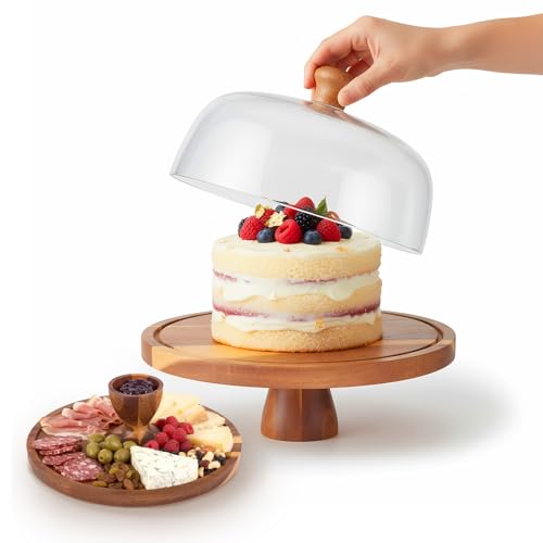 Eirolace - Support à gâteau en bois d'acacia avec couvercle, plateau de service 2-en-1 & présentation de dessert, plaque à gâteau en bois avec couvercle...