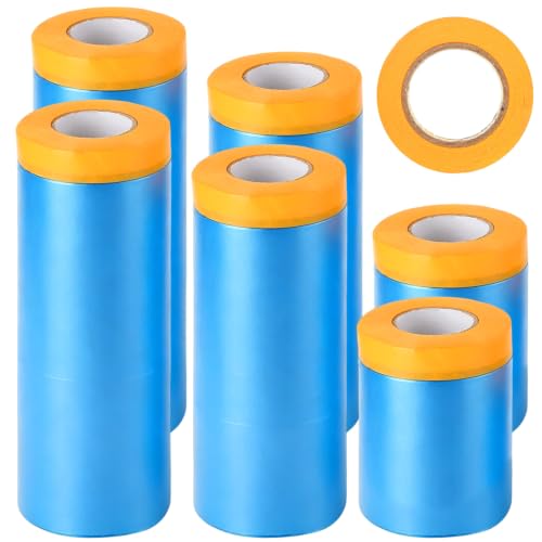 Image of 6 Rolls Painters Plastic Sheeting Pre-Taped Masking Film Clear Drop Cloth for Painting, Automotive Covering and Appliance Protection(66-Feet, 3 Sizes)