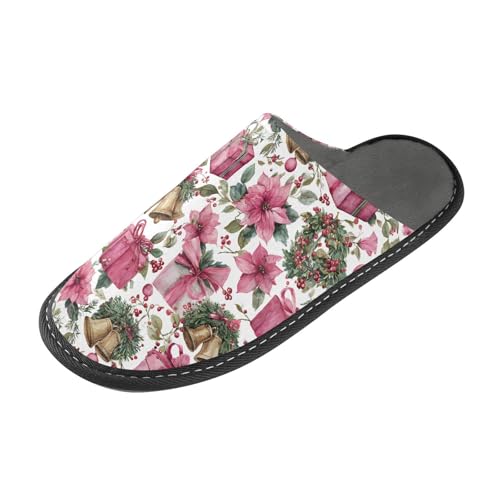 Slippers for Women Pink Gift Box Garland Bells Pattern Soft Winter Warm Shoes Indoor Outdoor Non-Slip House Travel Slippers2