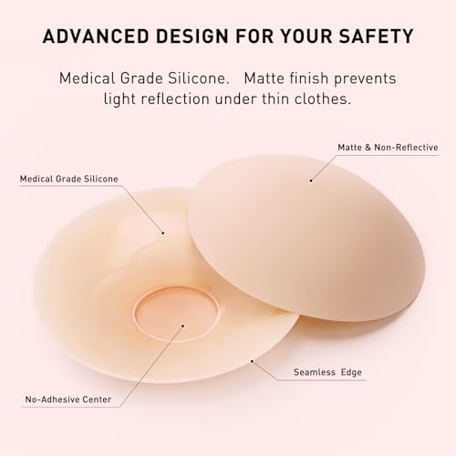Image of Nipple Covers for Women 4 Pairs Sticky Silicone Reusable Pasties No Show | 50x Reusable Bra, Hypoallergenic, All-Day Comfort. Discreet Skin-Tone Coverage for Tight Clothes, Swimsuits & Activewear