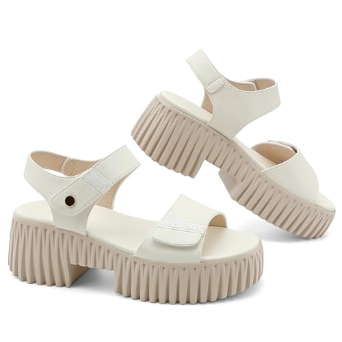 Image of UBFEN Womens Platform Sandals Comfortable Arch Support for Summer Dressy Casual Lightweight Chunky Heel 2 Adjustable Straps A White US Size 7