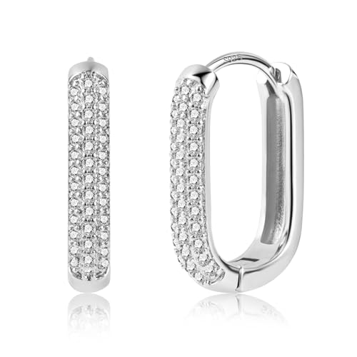 Créoles Carré Argent 925 Sterling Boucle D'oreille Rectangle Femme Argent Creole Doubles Acier Inoxydable avec Zircon Hypoallergéniques Boucle Boreille...