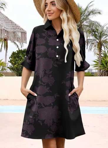 Image of Womens Summer Shirt Dress 2026 Casual Ruffle Short Sleeve Button Down Flowy Swing Shift Mini Dresses with Pockets