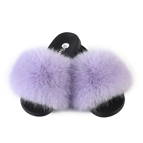 Image of Women's Faux Fur Slides, Open Toe Cute Fur Slippers, Indoor or Outdoor Comfortable Furry Slide Sandals With Fluffy Fur