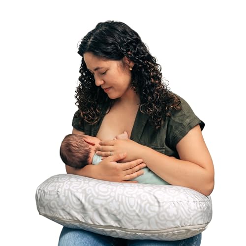 Image of Boppy Nursing Pillow - Ergonomic Bottle & Breastfeeding Pillow with High, Firm, Large Area, Water-Repellent Cushion with Washable Cover; Baby Safety Alliance Verified - Cream Retro Squiggles