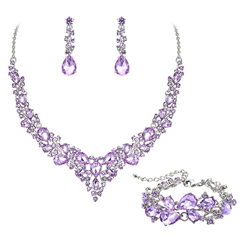 EVER FAITH Statement Halskette Ohrringe und Armband Set für Damen österreichische Kristall Tropfen Cluster Schmuckset Lavender Lila