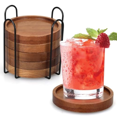 Image of Wooden Trivet for Dining Table - Bamboo Heat Resistant Pad with Anti-Slip Grip Mats, Round Hot Pot Holder and Pan Stand for Kitchen Countertop Protection (Wood Coaster 6 pcs, Pack of 6)
