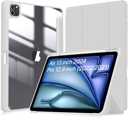 Image of Robustrion for iPad Air 13 inch Cover Case /for iPad Pro 12.9 inch with [Pencil Holder] [Transparent Back] Hybrid Case Cover for iPad Air 13 inch 2024 [Auto Sleep Wake Support] - Light Grey