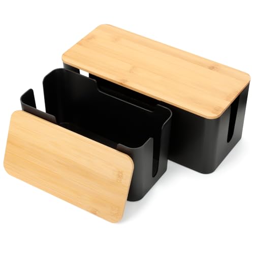 AiQInu Set da 2 Scatola Porta Cavi Nera, Scatola Nascondi Cavi con Coperchio in Legno, Copri Ciabatta Elettrica, Cable Box per Fili Elettrici di Prolunga, Prese Multiple e TV