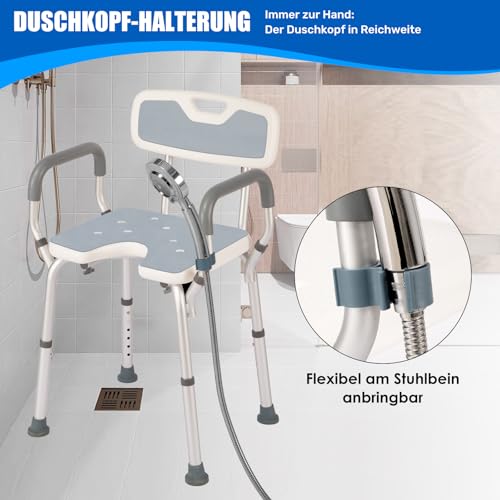 EasyVibe Duschstuhl für Senioren mit Saugnapf-Füßen, Duschhocker mit U-Ausschnitt, Badestuhl mit Armlehnen & Rückenlehne, 150kg Tragkraft, Werkzeugfreie Montage, Grau