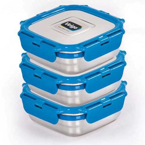 Image of Veigo Original Set Pack of 3 Stainless Steel Airtight & Leakproof Medium Lunch Box with Silicon Ring & Polymer Frame for Re-Heating|Safe Lid Lock|Square (330ML) Dark Blue