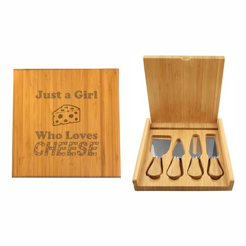 Funny Gifts For Cheese Lovers Just a Girl Who Loves Cheese Engraved Bamboo Case with Cheese Tool Set