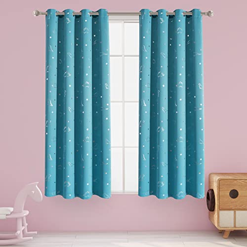 Image of LORDTEX Dinosaur and Star Foil Print Blackout Curtains for Kids Room - Thermal Insulated Curtains Noise Reducing Window Drapes for Boys and Girls Bedroom, 52 x 63 Inch, Teal, Set of 2 Panels