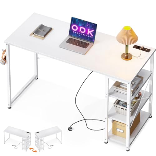 ODK Escritorio Pequeño, Mesa Escritorio para Ordenador con 3 Enchufes y Puerto de Carga USB, Escritorio para PC de 3 Estantes Reversibles para Estudio, Oficina en Casa (120x40x75cm, Blanco)