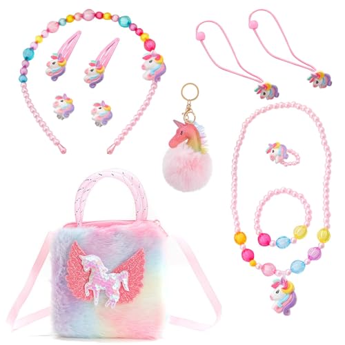 Unicorn Bag Plush Unicorn Bags for Girls Girls Bag with Jewelry Set Necklace Bracelet Rings Earrings Hair Clips Keychain Dress Up Accessories unicorn gifts for girls 3 4 5 6 7 8 Year Old