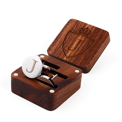 Image of Mens Initial Silver Cufflinks A-Z Alphabet Letter Steel Cuff Links with Engraved Walnut Wood Box Groom Groomsman Wedding Set