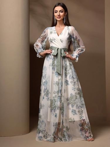 Image of TOLEEN Summer Casual Dresses for Women 2024 Spring Fashion Boho V Neck Long Sleeve Ruffle Floral Print Elegant Maxi Dress